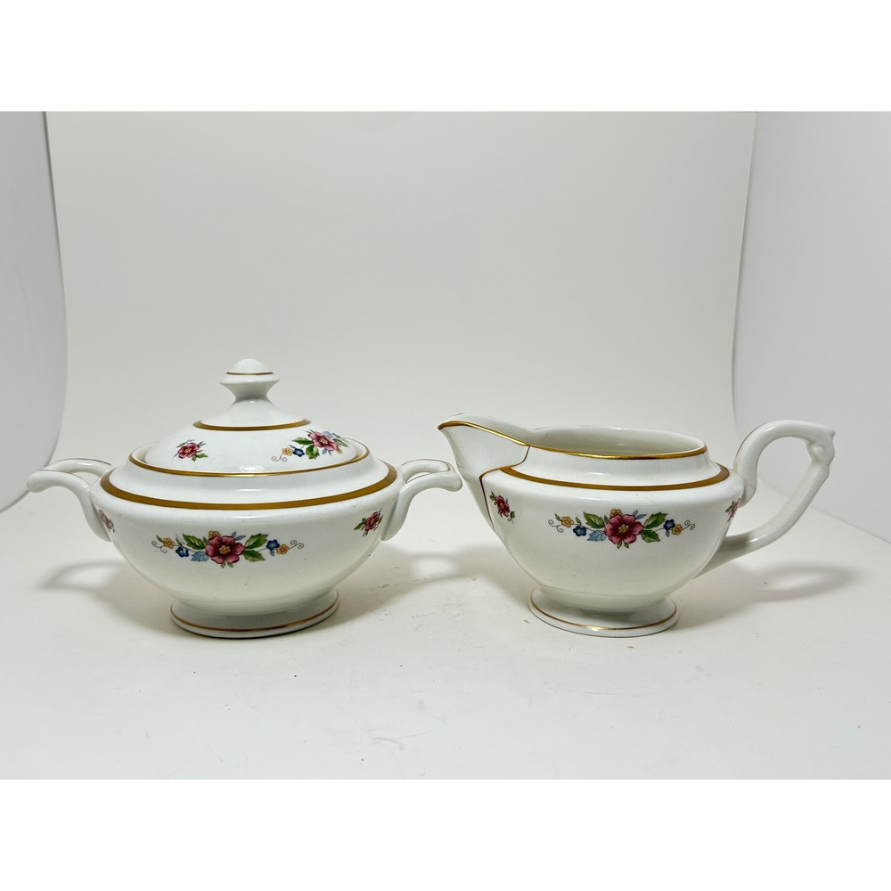 Warwick China Vintage Floral Creamer and Lidded Sugar Bowl Set Gold Trim USA